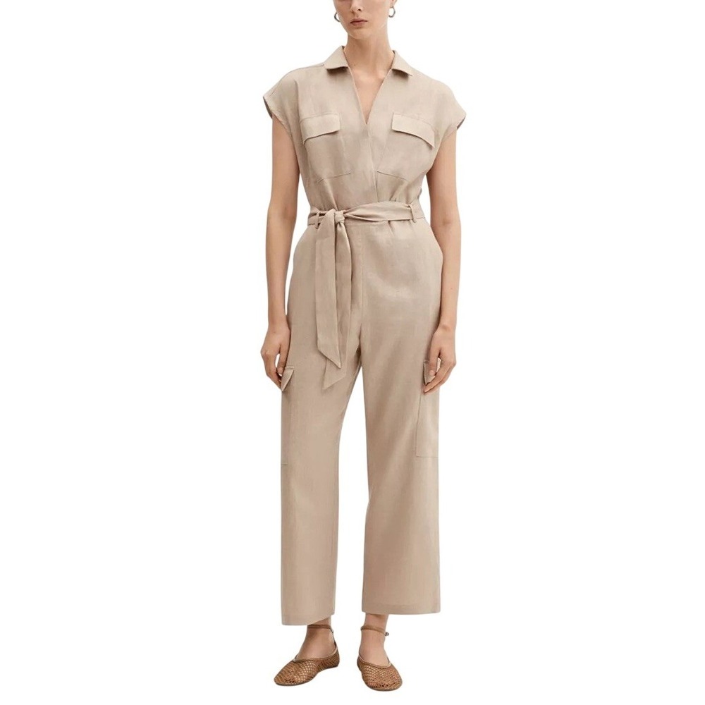 Mango Cargo Style Linen Jumpsuit Womens XS Resortwear‎ Safari Vacation Belted